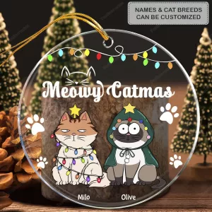 Personalized Custom Meowy Catmas Glass Ornament, Christmas 2023 Gift For Family